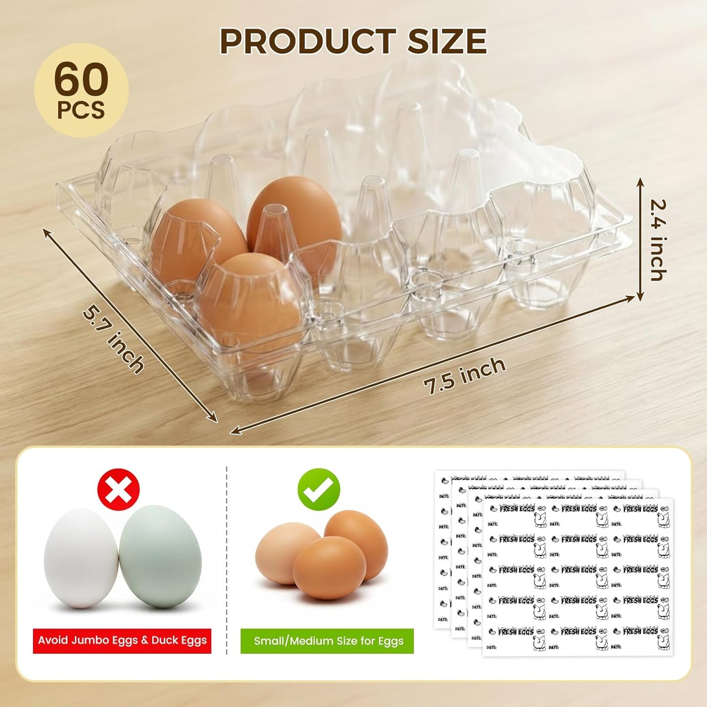 60 PCS 12 Count Plastic Egg Cartons, with 60PCS Date Labels, Clear Reusable Egg Containers Holds for Fresh V1258-DP02-WO-154
