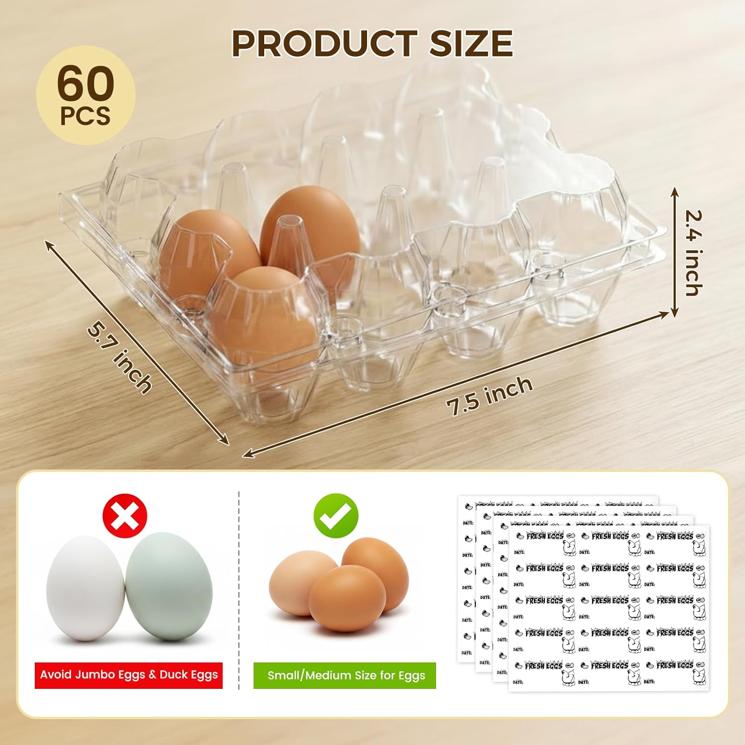 60 PCS 12 Count Plastic Egg Cartons, with 60PCS Date Labels, Clear Reusable Egg Containers Holds for Fresh V1258-DP02-WO-154