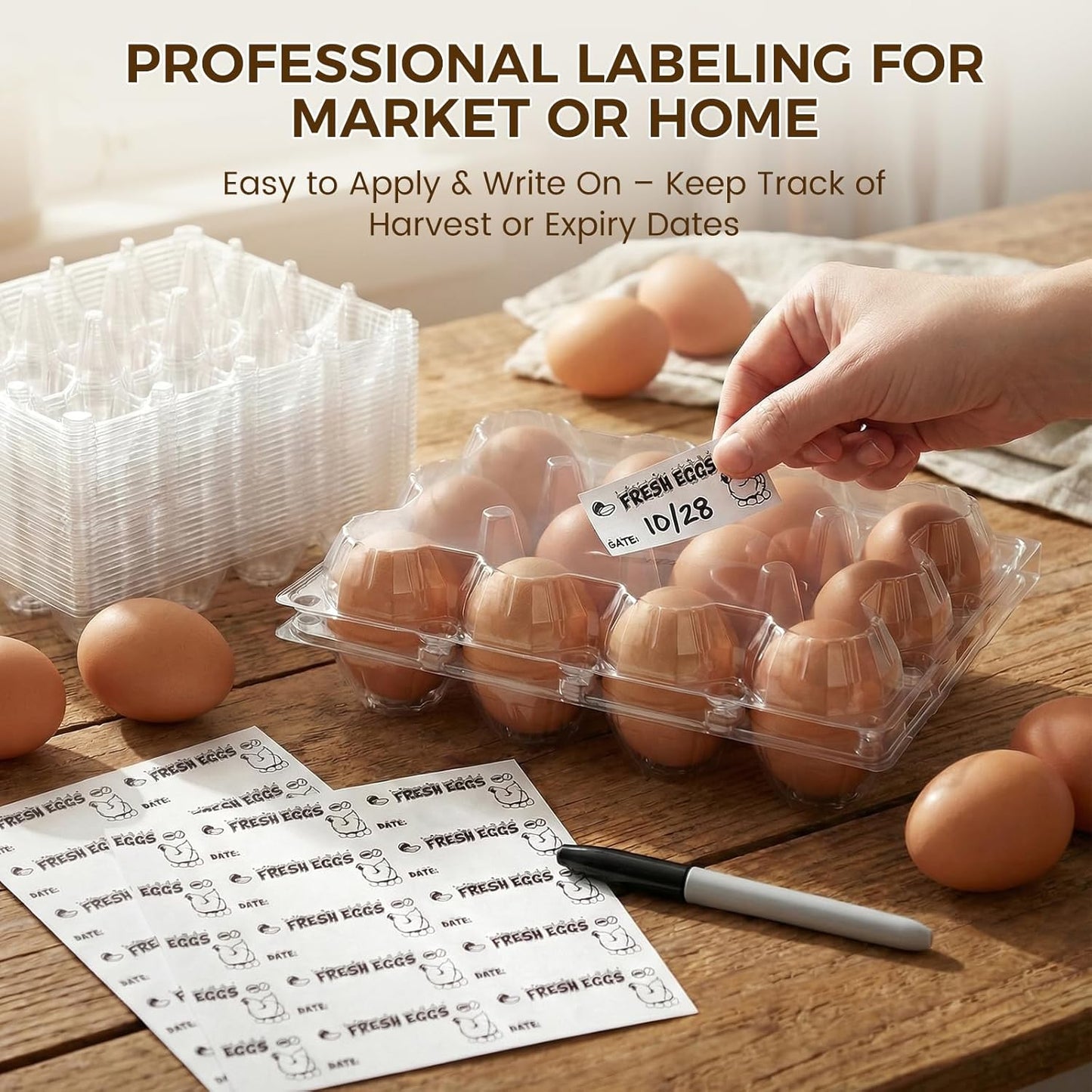 60 PCS 12 Count Plastic Egg Cartons, with 60PCS Date Labels, Clear Reusable Egg Containers Holds for Fresh V1258-DP02-WO-154