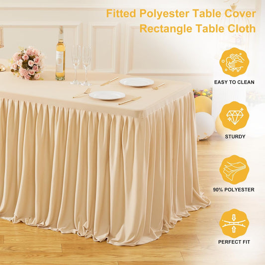 2 Pack Champagne Rectangle Table Clothes for 6 Foot Tables, Polyester Fitted Tablecloths 6t Stretch Table V1258-DP02-WO-164