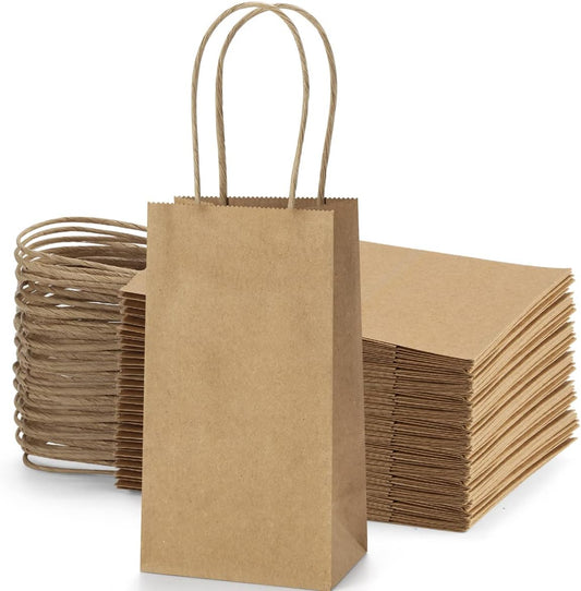 100 Pack 3.5x2.4x6.7 Inches Mini Gift Party Favor Bags Small Brown Gift Bags with Handles Bulk Recyclable V1258-DP02-WO-176