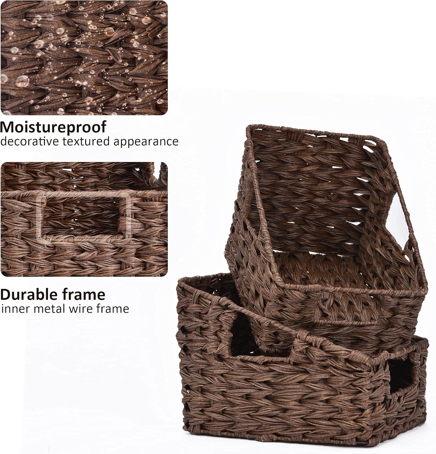 Wicker Storage Baskets, Waterproof Wicker Basket with Handles, Trapezoid Woven Storage Bins for Organizing, V1258-DP02-WO-190