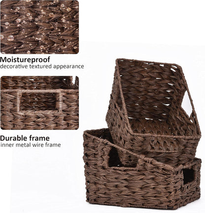 Wicker Storage Baskets, Waterproof Wicker Basket with Handles, Trapezoid Woven Storage Bins for Organizing, V1258-DP02-WO-190