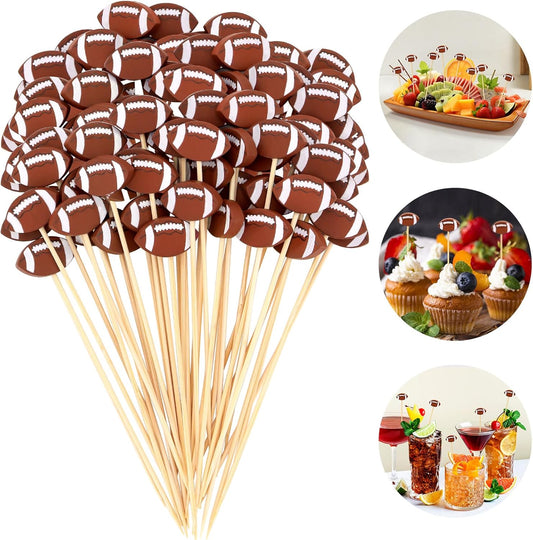 100 Pcs Football Toothpicks, 4.72 Inch Football Cocktail Picks for Appetizers, Long Bamboo Toothpicks, V1258-DP02-WO-191