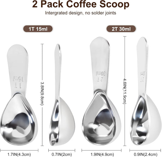 2Pcs Coffee Scoops, Premium 18/8 Stainless Steel Coffee Spoons, Set of 2 Short Handled (1 Tablespoon & 2 V1258-DP02-WO-2