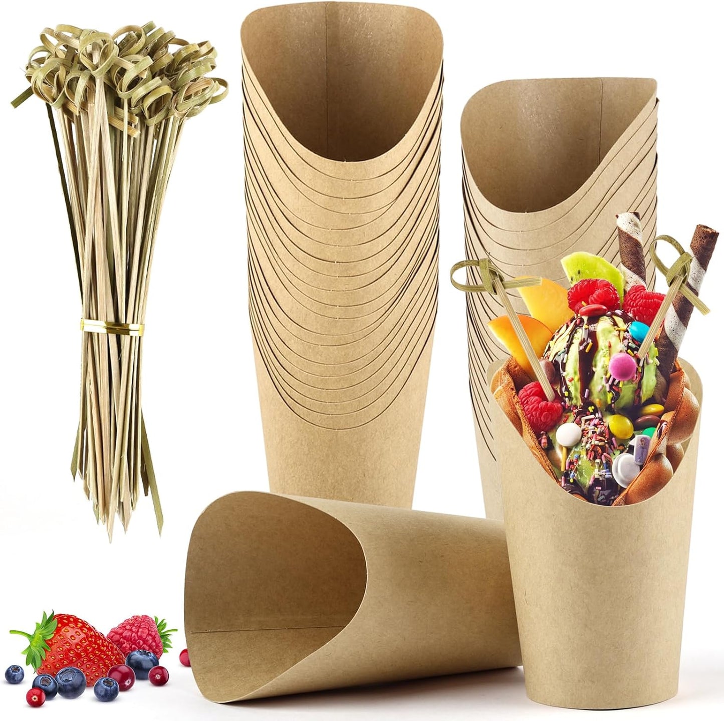 50 Pcs Charcuterie Cups with 100 Cocktail Picks, Disposable 12oz Kraft Paper Snack Cup, Appetizer Cups for V1258-DP02-WO-200