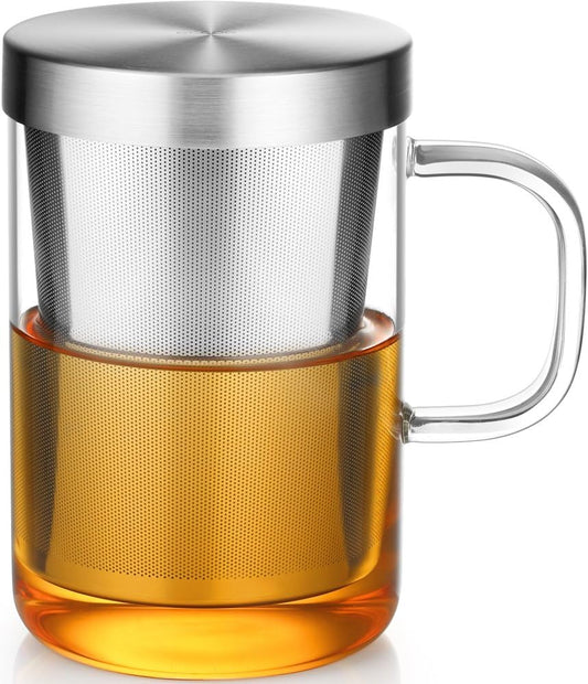16.9 Oz Borosilicate Glass Tea Mug Cup Tea Glasses with Stainless Steel Infuser & Lid, Loose Leaf Glass Tea V1258-DP02-WO-206
