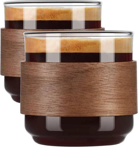 Espresso Cups Set of 2 with Wooden Ring, 5 OZ High Borosilicate Espresso Shot Glass, Clear Small Expresso V1258-DP02-WO-211