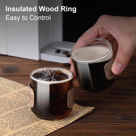 Espresso Cups Set of 2 with Wooden Ring, 5 OZ High Borosilicate Espresso Shot Glass, Clear Small Expresso V1258-DP02-WO-211