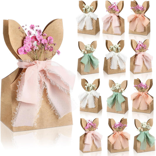 24 Set Boho Bow Easter Bunny Party Favor Bags DIY Bunny Gift Boxes with Neutral Bow Ribbon and Dried Flowers V1258-DP02-WO-213