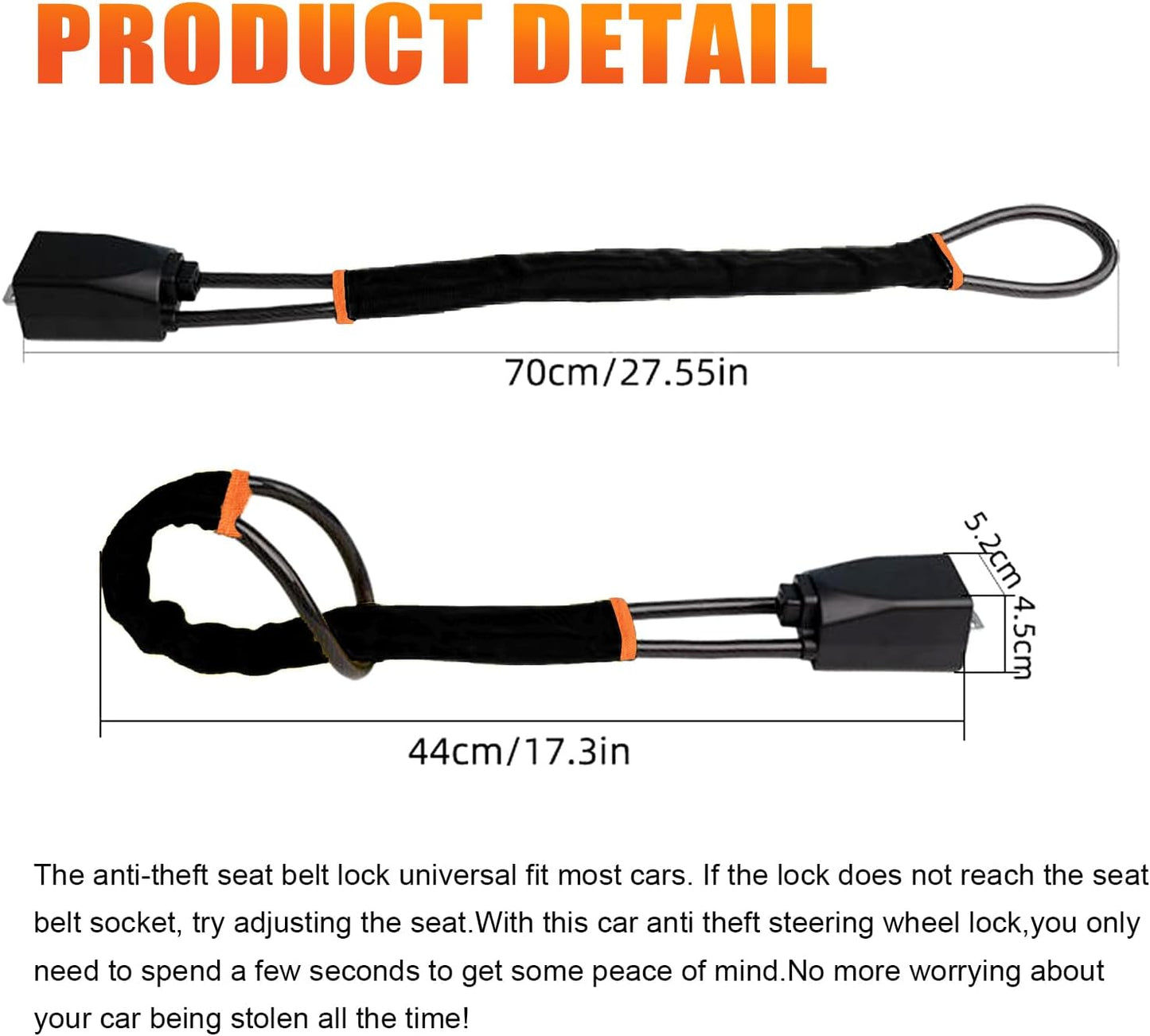 DualGuard Car Steering Wheel & Seat Belt Lock - 17" Universal Anti-Theft Device for Vehicles, SUVs, Golf V1258-DP02-WO-229