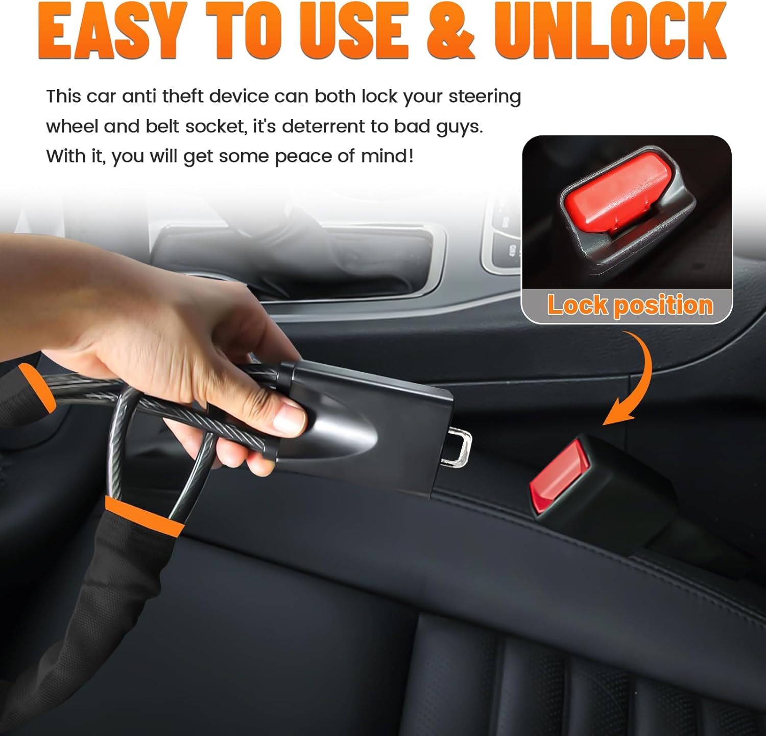 DualGuard Car Steering Wheel & Seat Belt Lock - 17" Universal Anti-Theft Device for Vehicles, SUVs, Golf V1258-DP02-WO-229