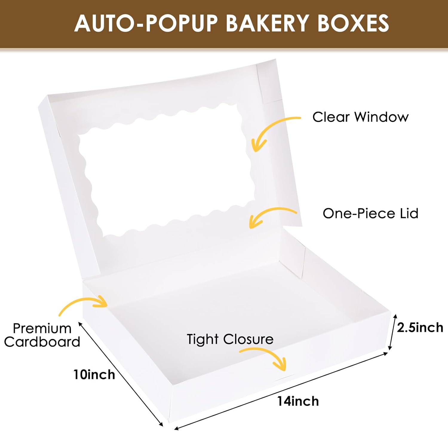 40pcs Cookie Boxes, 14x10x2.5 Inch Auto-Popup Bakery Boxes with Window, for Donuts, Pies, Cakes, Muffins, and V1258-DP02-WO-231