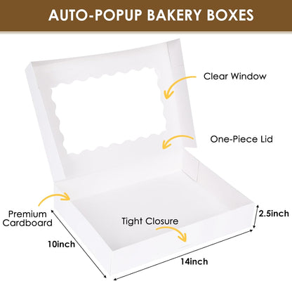 40pcs Cookie Boxes, 14x10x2.5 Inch Auto-Popup Bakery Boxes with Window, for Donuts, Pies, Cakes, Muffins, and V1258-DP02-WO-231