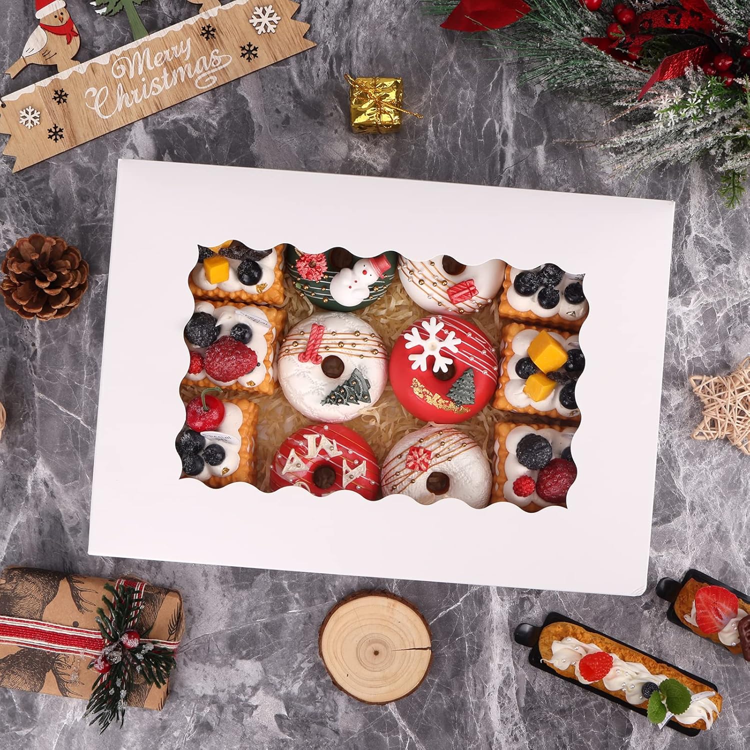 40pcs Cookie Boxes, 14x10x2.5 Inch Auto-Popup Bakery Boxes with Window, for Donuts, Pies, Cakes, Muffins, and V1258-DP02-WO-231
