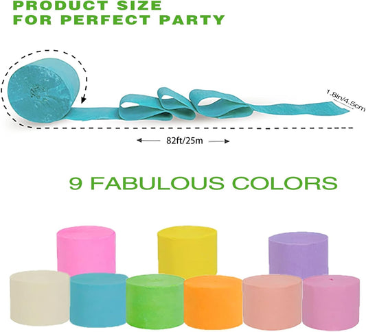 Crepe Paper Streamers 9 Rolls 738ft,Pack of Rainbow Assorted Colored Party Streamers,9 Colors Streamers Party V1258-DP02-WO-25