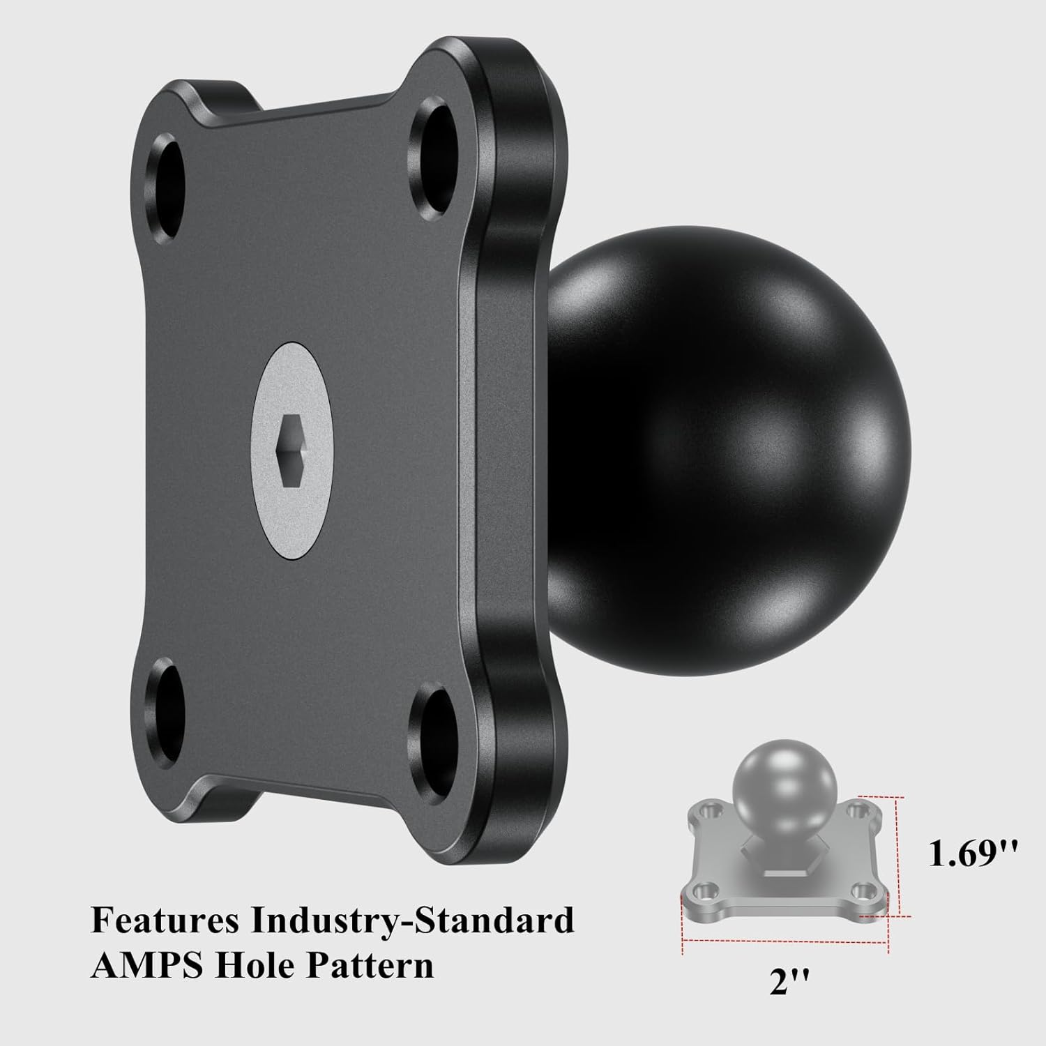 1'' Ball Mount Base with Aluminum Alloy 4-Hole AMPS Square Plate Compatible with RAM Mounts B Size 1 Inch V1258-DP02-WO-251