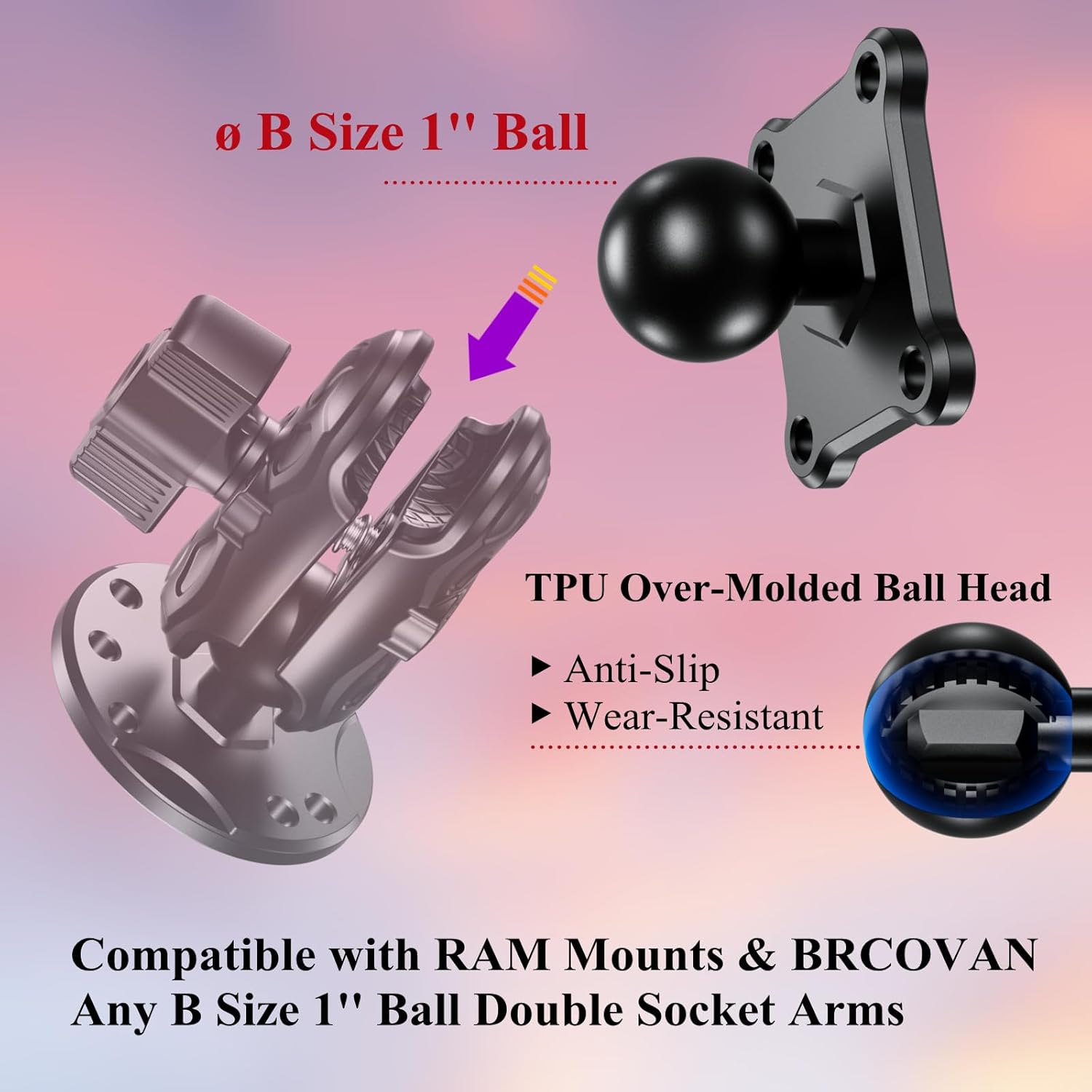1'' Ball Mount Base with Aluminum Alloy 4-Hole AMPS Square Plate Compatible with RAM Mounts B Size 1 Inch V1258-DP02-WO-251