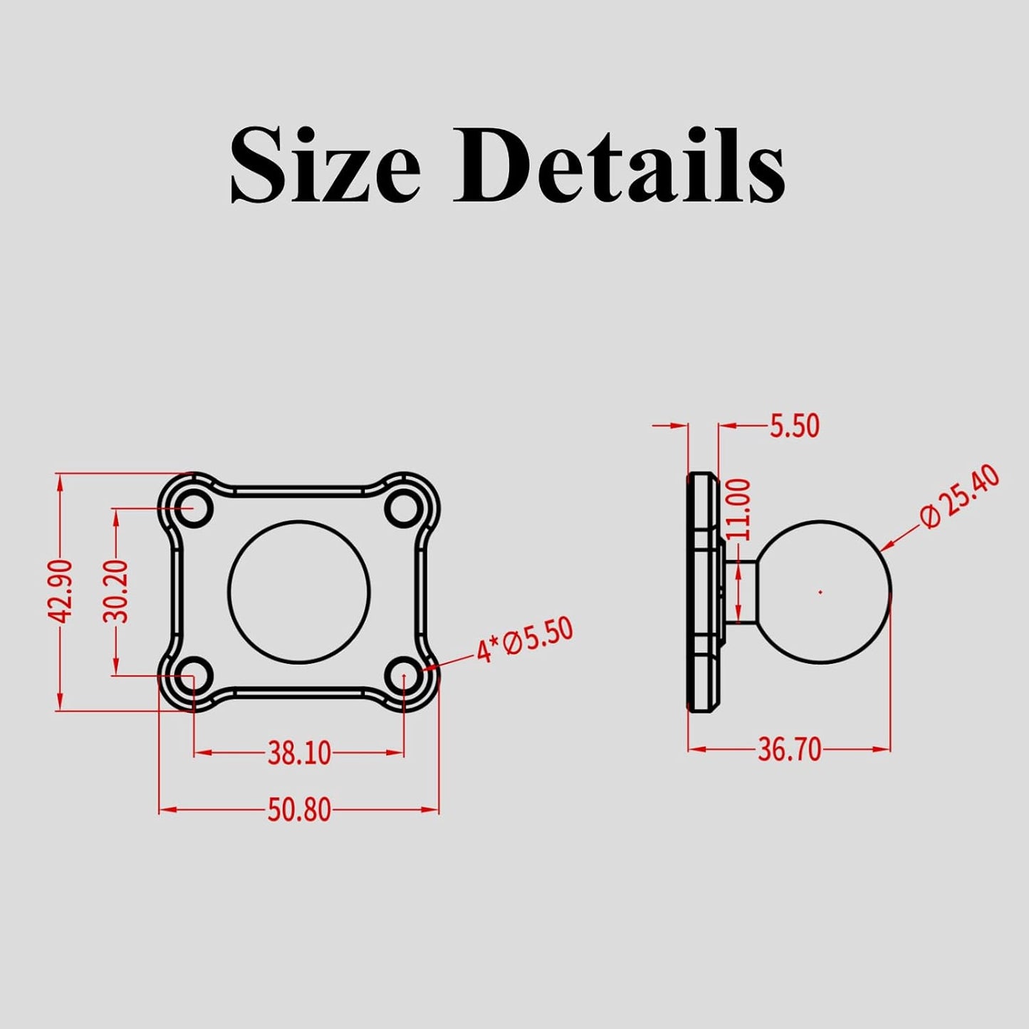 1'' Ball Mount Base with Aluminum Alloy 4-Hole AMPS Square Plate Compatible with RAM Mounts B Size 1 Inch V1258-DP02-WO-251