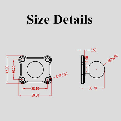 1'' Ball Mount Base with Aluminum Alloy 4-Hole AMPS Square Plate Compatible with RAM Mounts B Size 1 Inch V1258-DP02-WO-251