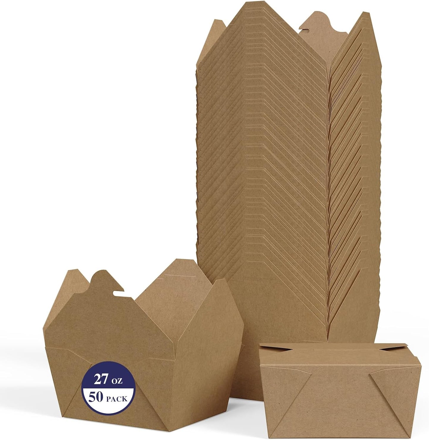 50 Pack 27 oz Take Out Food Containers, Kraft Brown Take Out Boxes Leak Grease Resistant and Stackable for V1258-DP02-WO-257