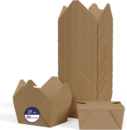 50 Pack 27 oz Take Out Food Containers, Kraft Brown Take Out Boxes Leak Grease Resistant and Stackable for V1258-DP02-WO-257