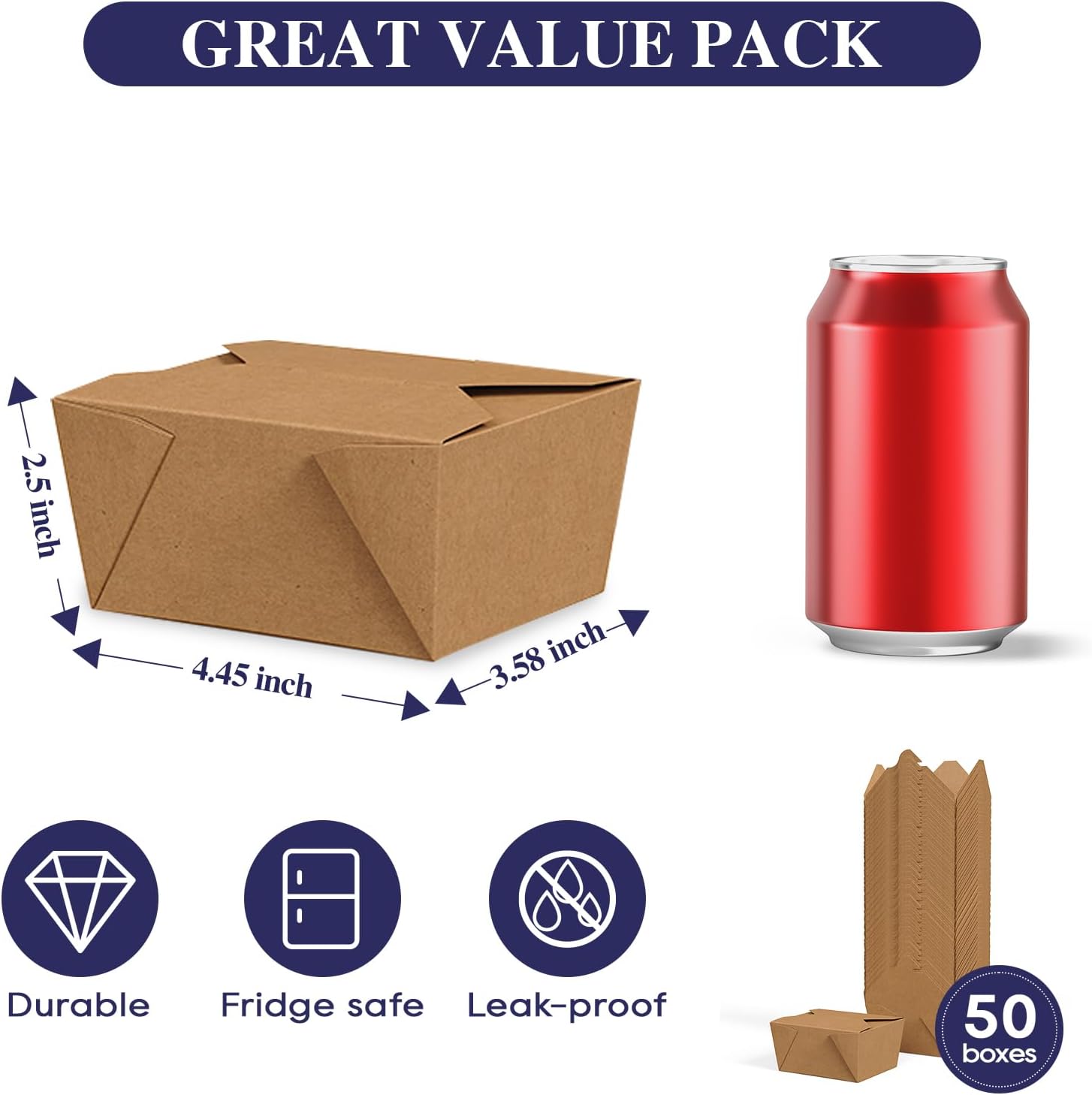 50 Pack 27 oz Take Out Food Containers, Kraft Brown Take Out Boxes Leak Grease Resistant and Stackable for V1258-DP02-WO-257