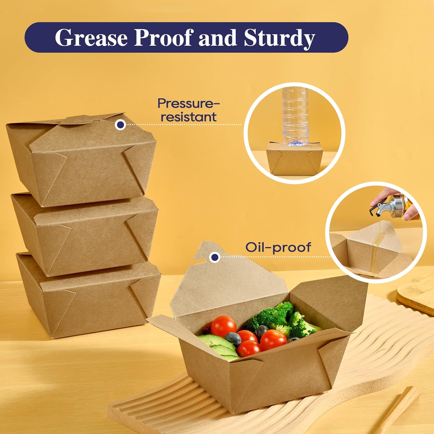 50 Pack 27 oz Take Out Food Containers, Kraft Brown Take Out Boxes Leak Grease Resistant and Stackable for V1258-DP02-WO-257