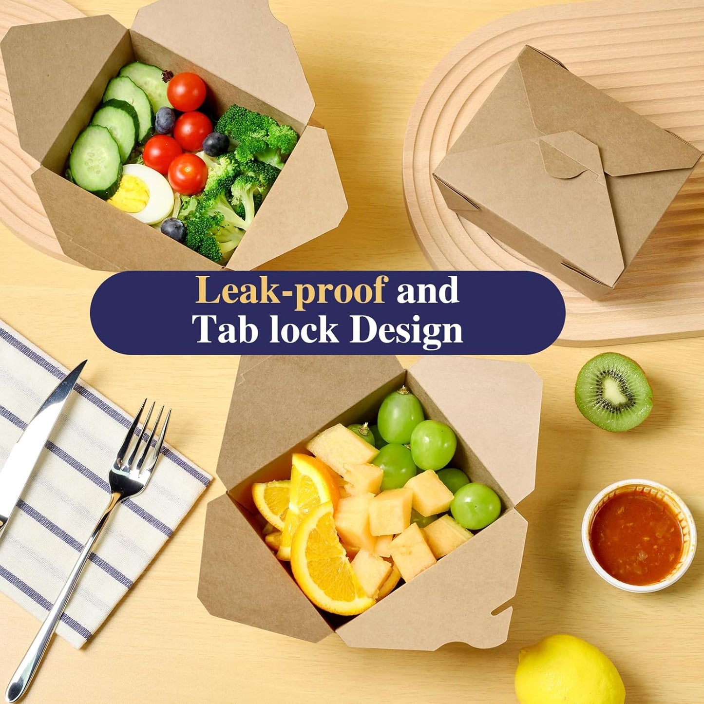 50 Pack 27 oz Take Out Food Containers, Kraft Brown Take Out Boxes Leak Grease Resistant and Stackable for V1258-DP02-WO-257