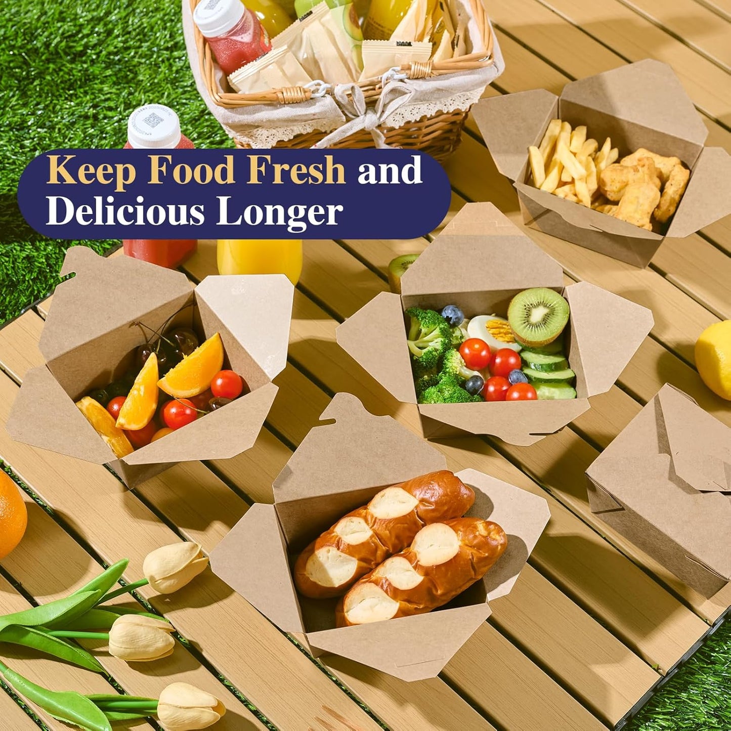 50 Pack 27 oz Take Out Food Containers, Kraft Brown Take Out Boxes Leak Grease Resistant and Stackable for V1258-DP02-WO-257