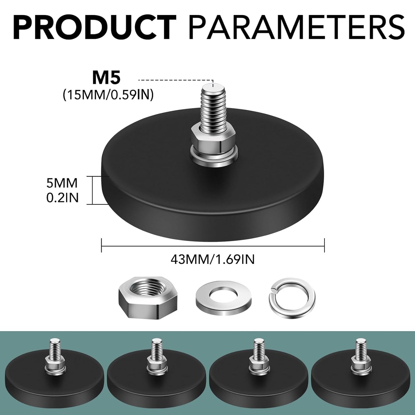 16Pack Rubber Coated Magnets, 30LBS Rubber Coated Neodymium Magnets with M5 Magnetic Assembly Base for Light V1258-DP02-WO-269