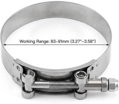 3" T-Bolt Hose Clamp Stainless Steel, Working Range 83mm-91mm for 3" Hose ID, Turbo Intake Intercooler Clamp, V1258-DP02-WO-271