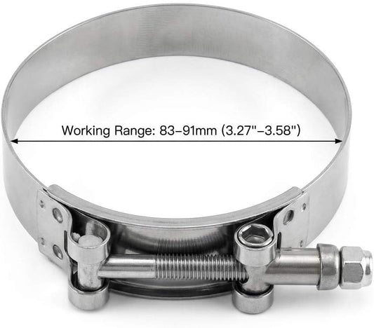 3" T-Bolt Hose Clamp Stainless Steel, Working Range 83mm-91mm for 3" Hose ID, Turbo Intake Intercooler Clamp, V1258-DP02-WO-271