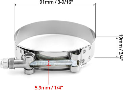 3" T-Bolt Hose Clamp Stainless Steel, Working Range 83mm-91mm for 3" Hose ID, Turbo Intake Intercooler Clamp, V1258-DP02-WO-271
