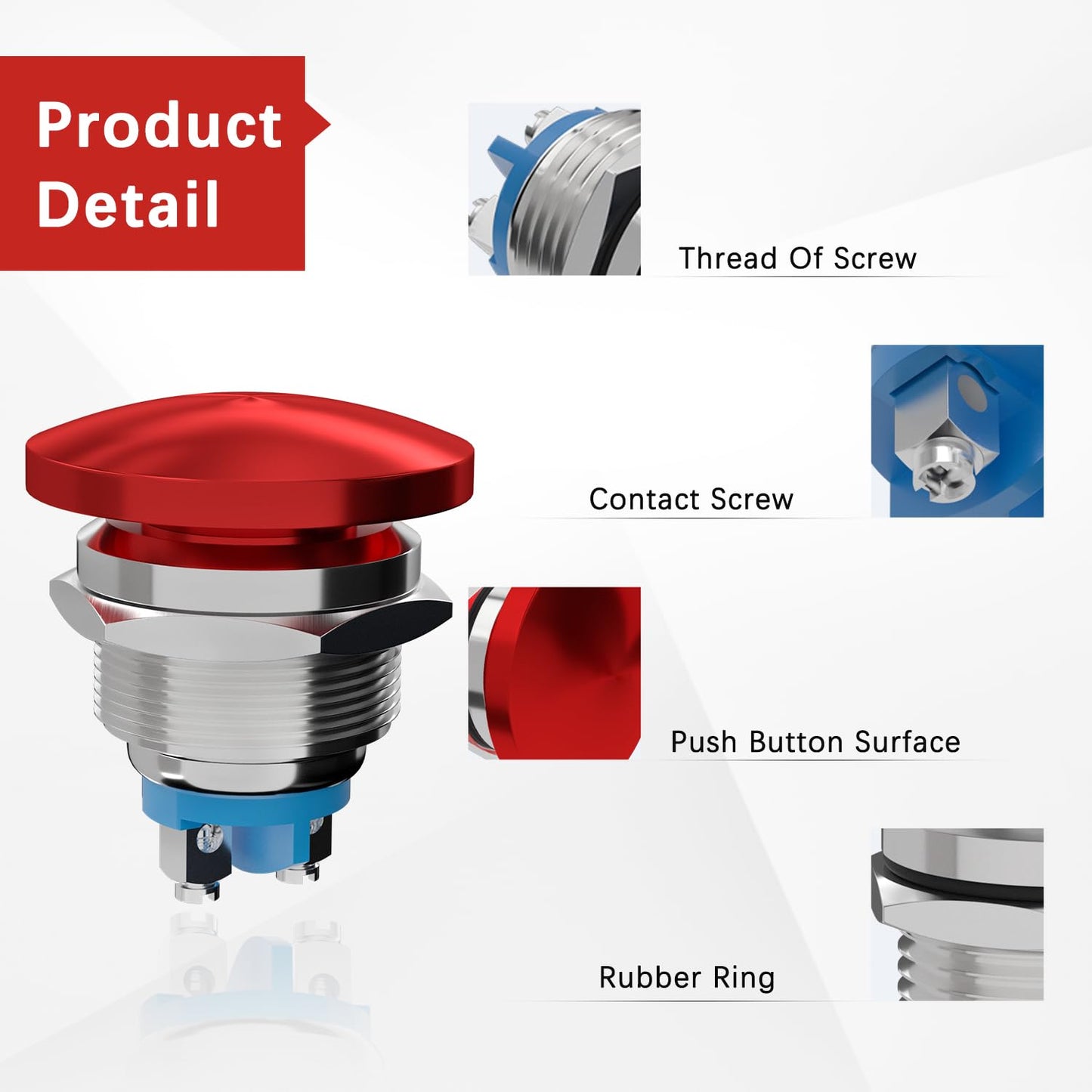 22MM Mushroom Head Push Button Switch Momentary Push Button IP65 Waterproof 12V 24V 36 DC 110V 250V AC 5A V1258-DP02-WO-292