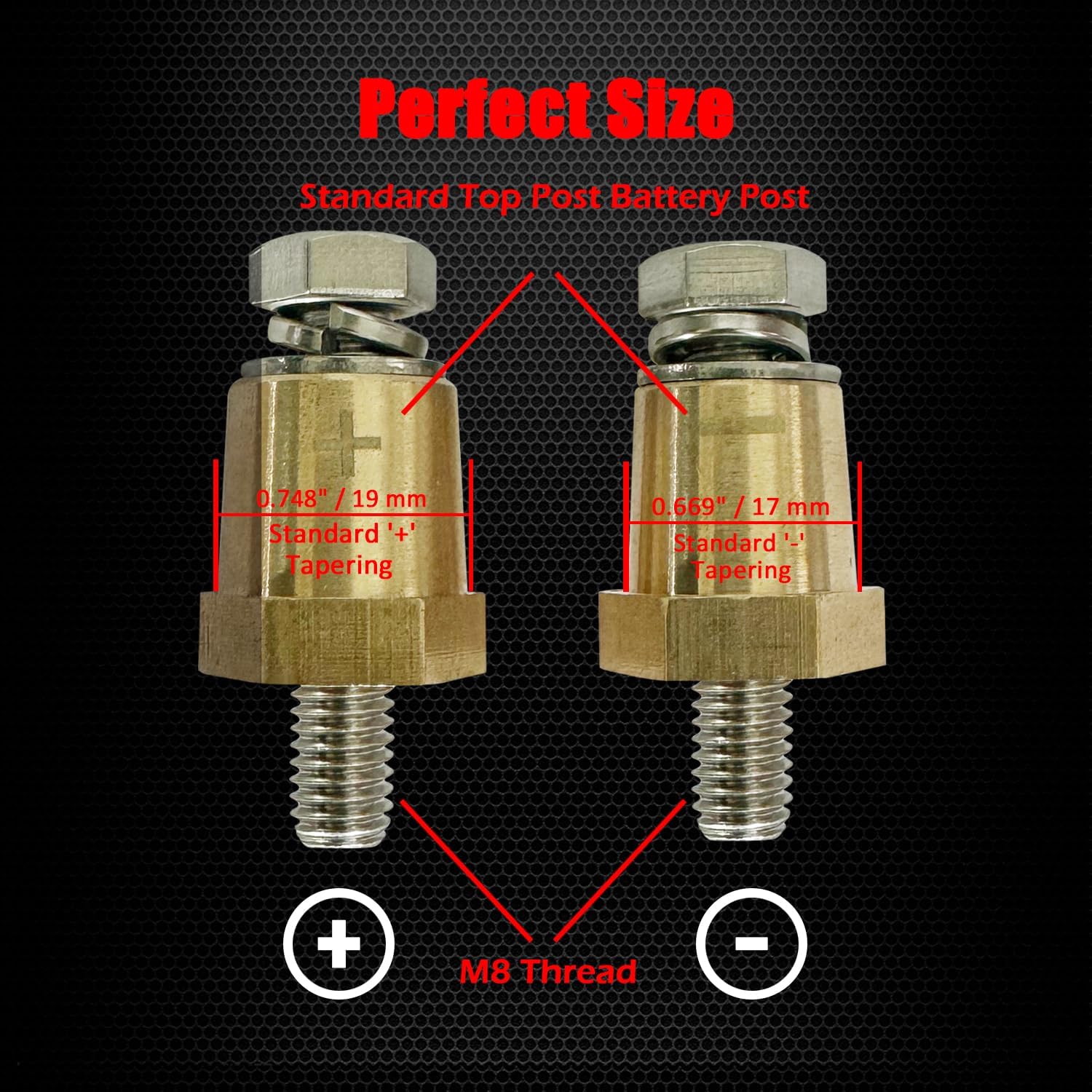 M8 Thread Brass Battery Terminal Charging Posts, Battery Post Adapter (+/-) with Solid M8 Bolts as Male Posts V1258-DP02-WO-295
