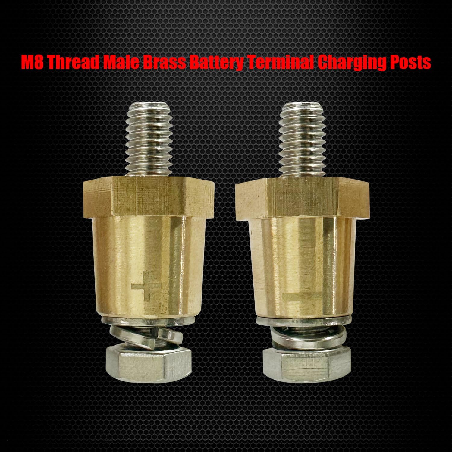 M8 Thread Brass Battery Terminal Charging Posts, Battery Post Adapter (+/-) with Solid M8 Bolts as Male Posts V1258-DP02-WO-295