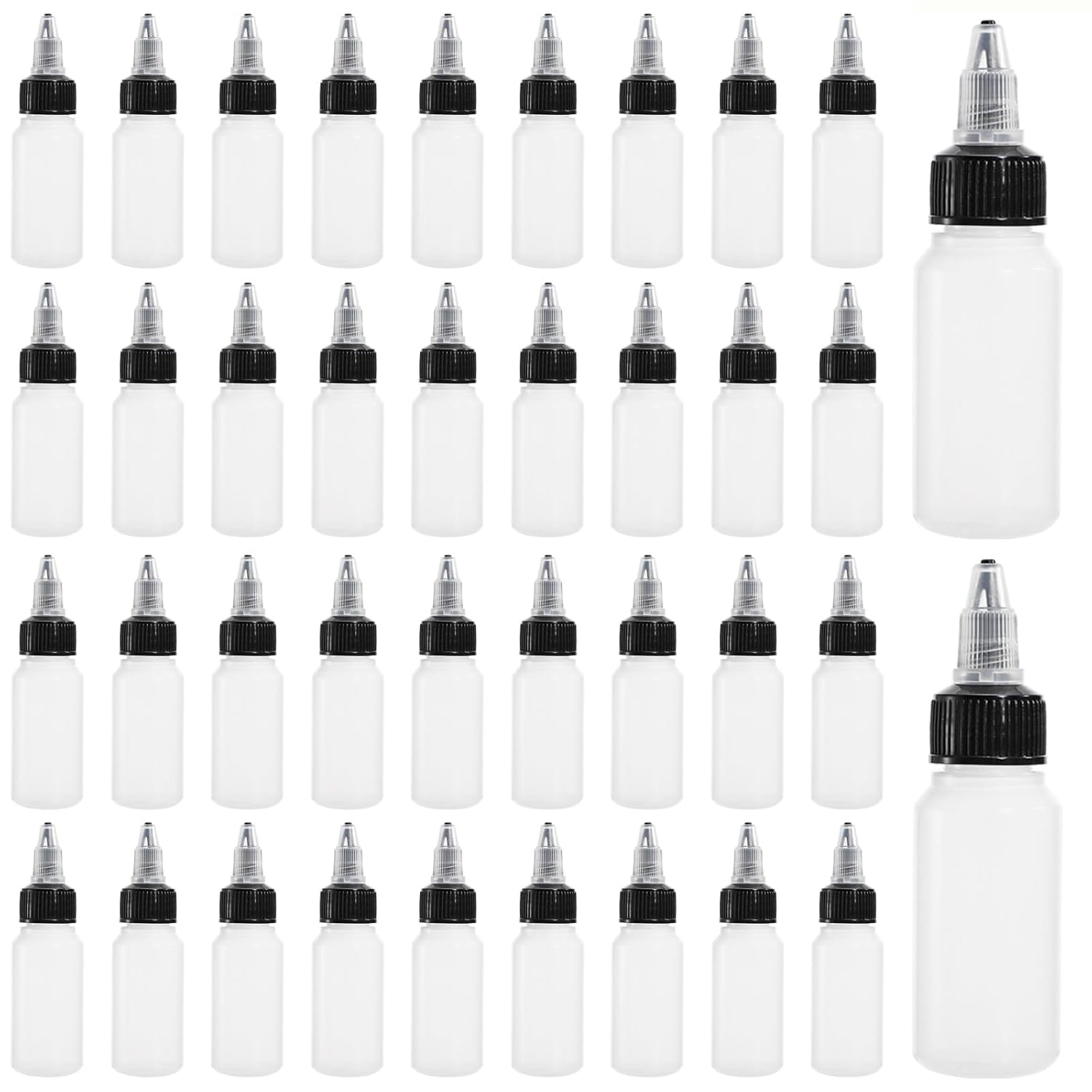 40 Pack 1oz Dispensing Bottles, Boston Round HDPE Plastic Bottle with Twist Top Cap, Empty Plastic Squeeze V1258-DP02-WO-302