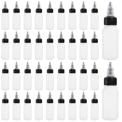 40 Pack 1oz Dispensing Bottles, Boston Round HDPE Plastic Bottle with Twist Top Cap, Empty Plastic Squeeze V1258-DP02-WO-302