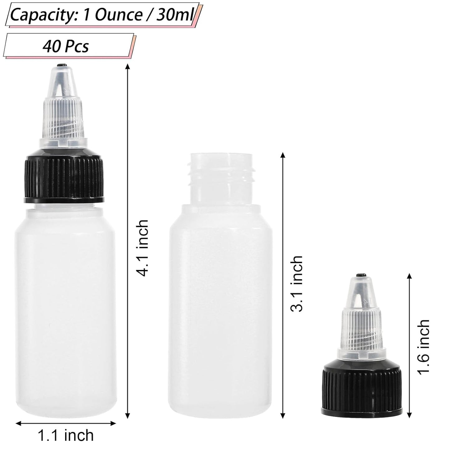 40 Pack 1oz Dispensing Bottles, Boston Round HDPE Plastic Bottle with Twist Top Cap, Empty Plastic Squeeze V1258-DP02-WO-302