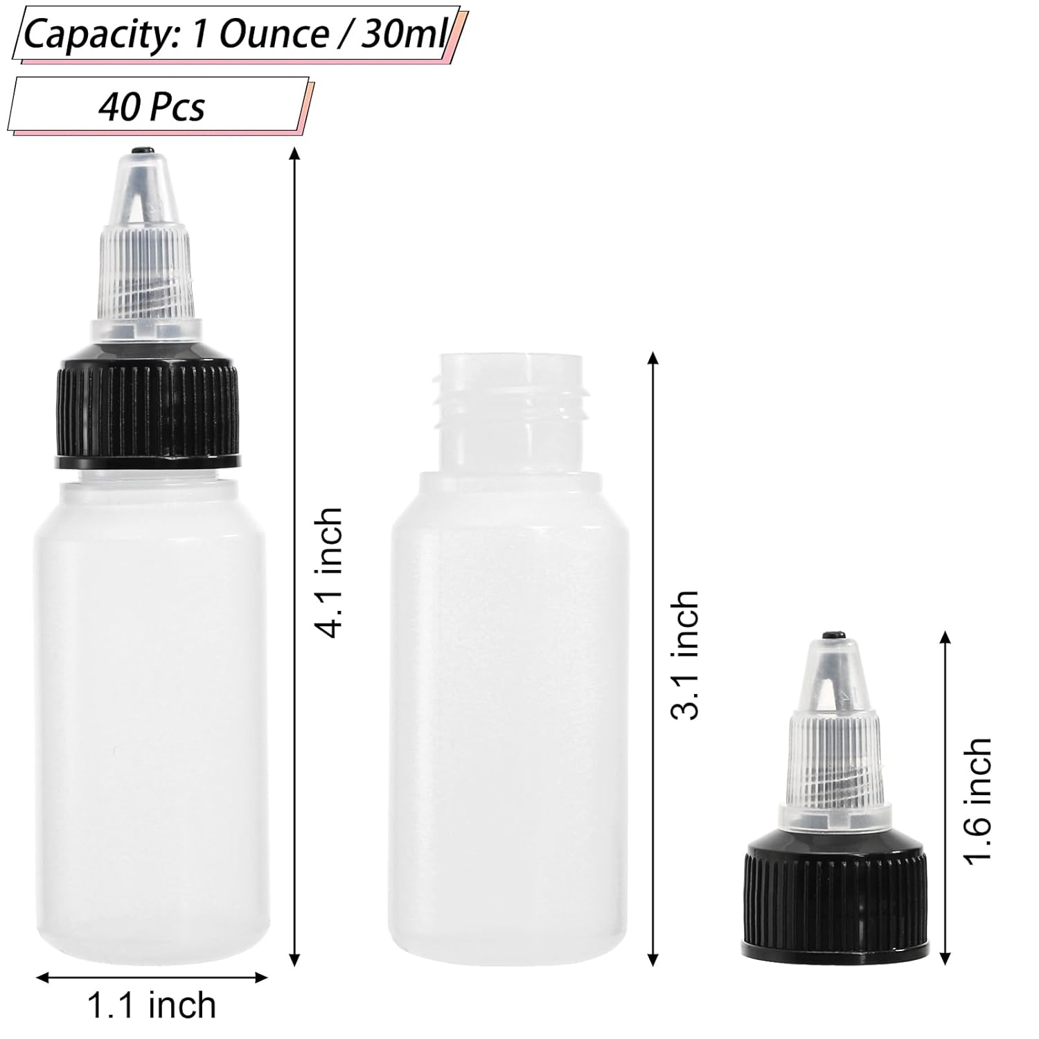 40 Pack 1oz Dispensing Bottles, Boston Round HDPE Plastic Bottle with Twist Top Cap, Empty Plastic Squeeze V1258-DP02-WO-302