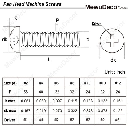 8-32 x 1/2" (1/4" to 3" Available) Pan Head Machine Screws, Full Thread, 304 Stainless Steel 18-8, Pack of 100 V1258-DP02-WO-304