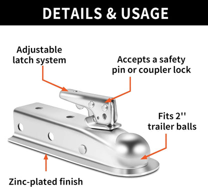 Straight Trailer Tongue Coupler for 2" Ball, 2" Channel Width Trailer Coupler 3,500LBS V1258-DP02-WO-309