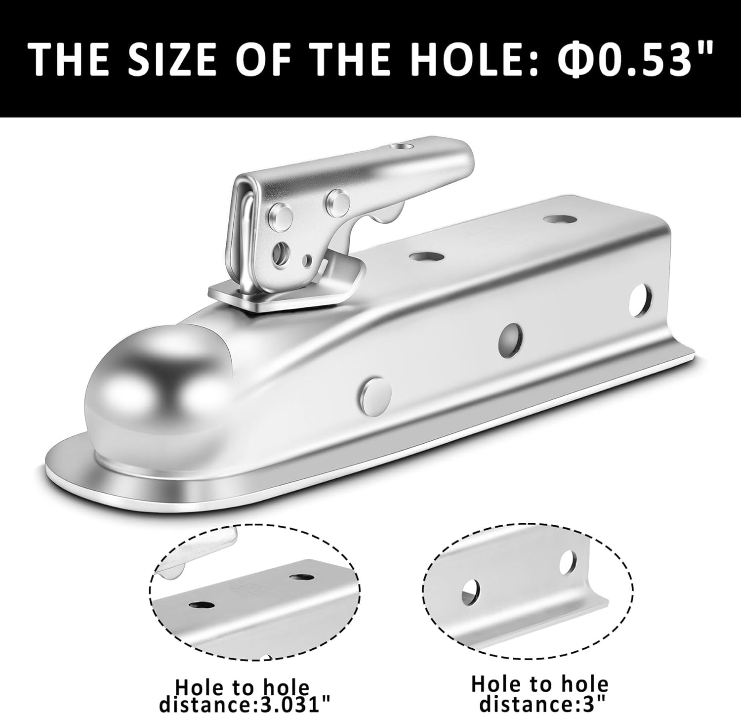 Straight Trailer Tongue Coupler for 2" Ball, 2" Channel Width Trailer Coupler 3,500LBS V1258-DP02-WO-309