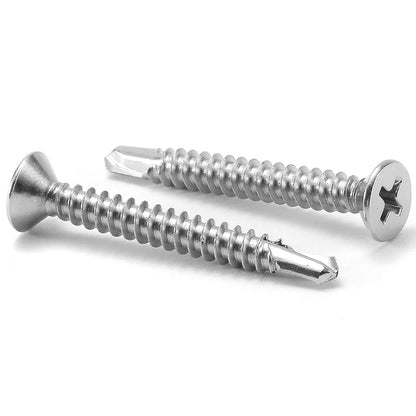 #10 x 1-1/2" Sheet Metal Screws 100Pcs 410 Stainless Steel Flat Head Tek Screws Fast Self Tapping Screws by V1258-DP02-WO-310