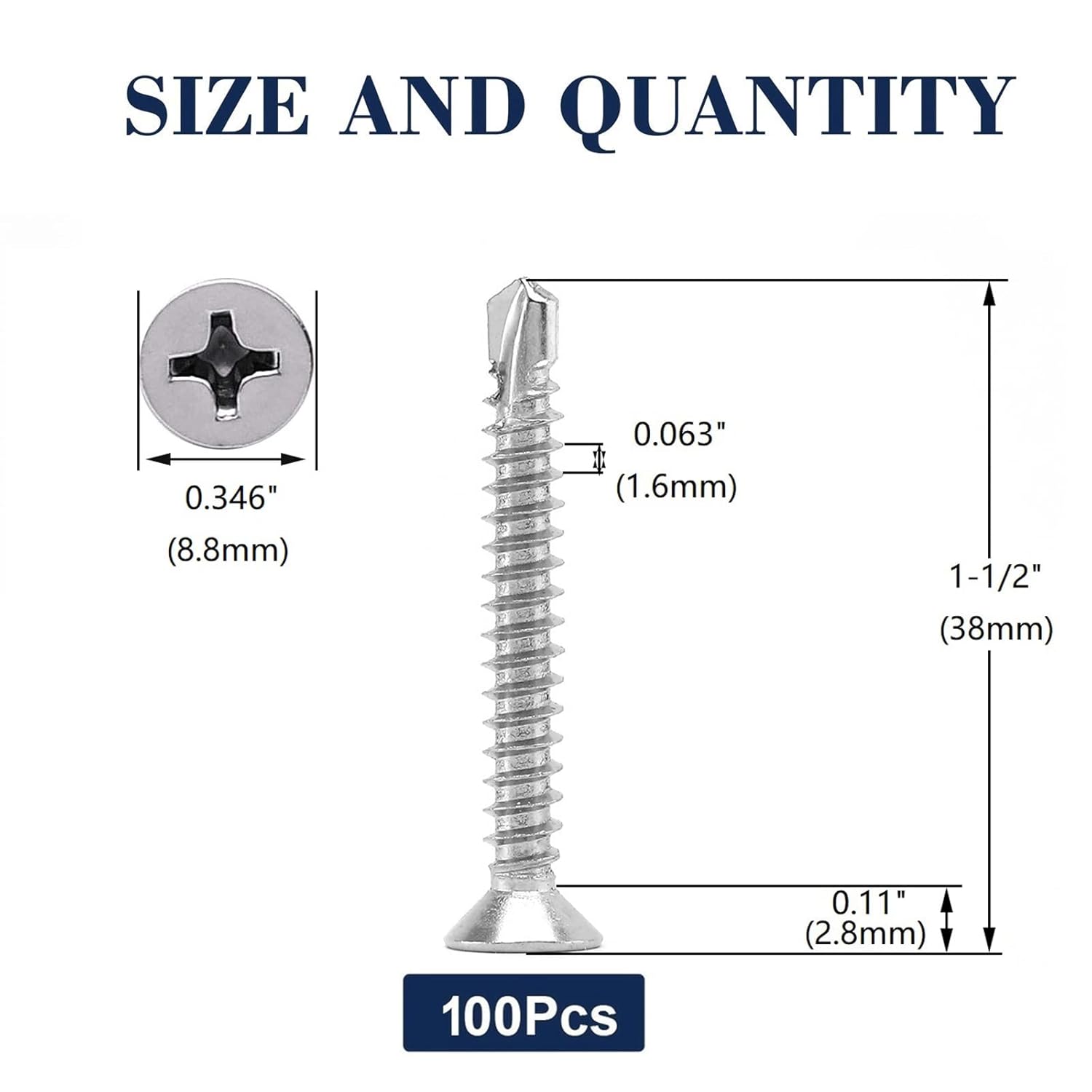 #10 x 1-1/2" Sheet Metal Screws 100Pcs 410 Stainless Steel Flat Head Tek Screws Fast Self Tapping Screws by V1258-DP02-WO-310