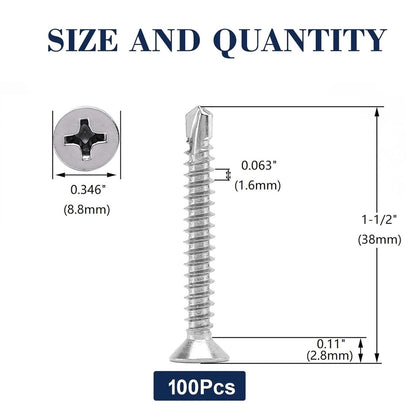 #10 x 1-1/2" Sheet Metal Screws 100Pcs 410 Stainless Steel Flat Head Tek Screws Fast Self Tapping Screws by V1258-DP02-WO-310