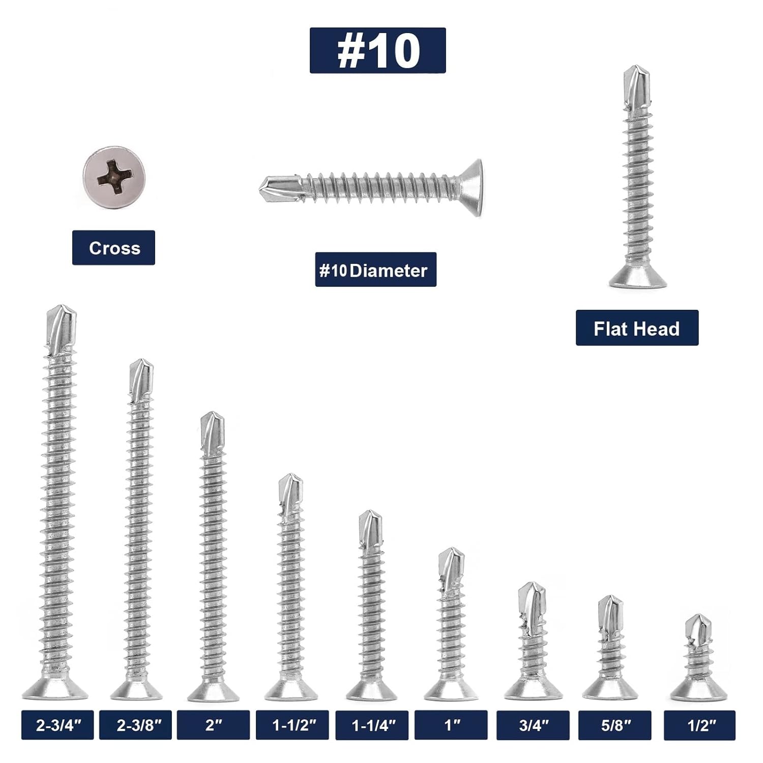 #10 x 1-1/2" Sheet Metal Screws 100Pcs 410 Stainless Steel Flat Head Tek Screws Fast Self Tapping Screws by V1258-DP02-WO-310