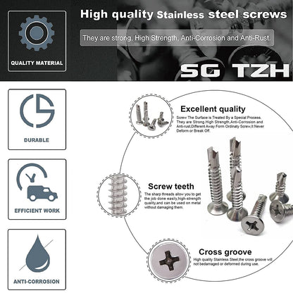 #10 x 1-1/2" Sheet Metal Screws 100Pcs 410 Stainless Steel Flat Head Tek Screws Fast Self Tapping Screws by V1258-DP02-WO-310