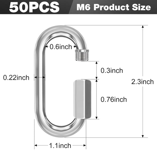 M6-50 Pack 2.3" Quick Links Chain Connectors, 1/4" Galvanized Chain Locking Hooks, 620LBS Heavy Duty Thread V1258-DP02-WO-318